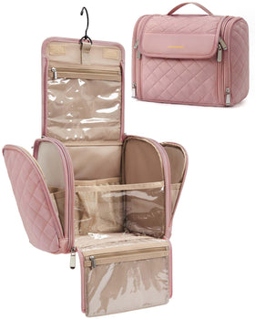 BAGSMART Makeup Bag front view in pink with hanging hook