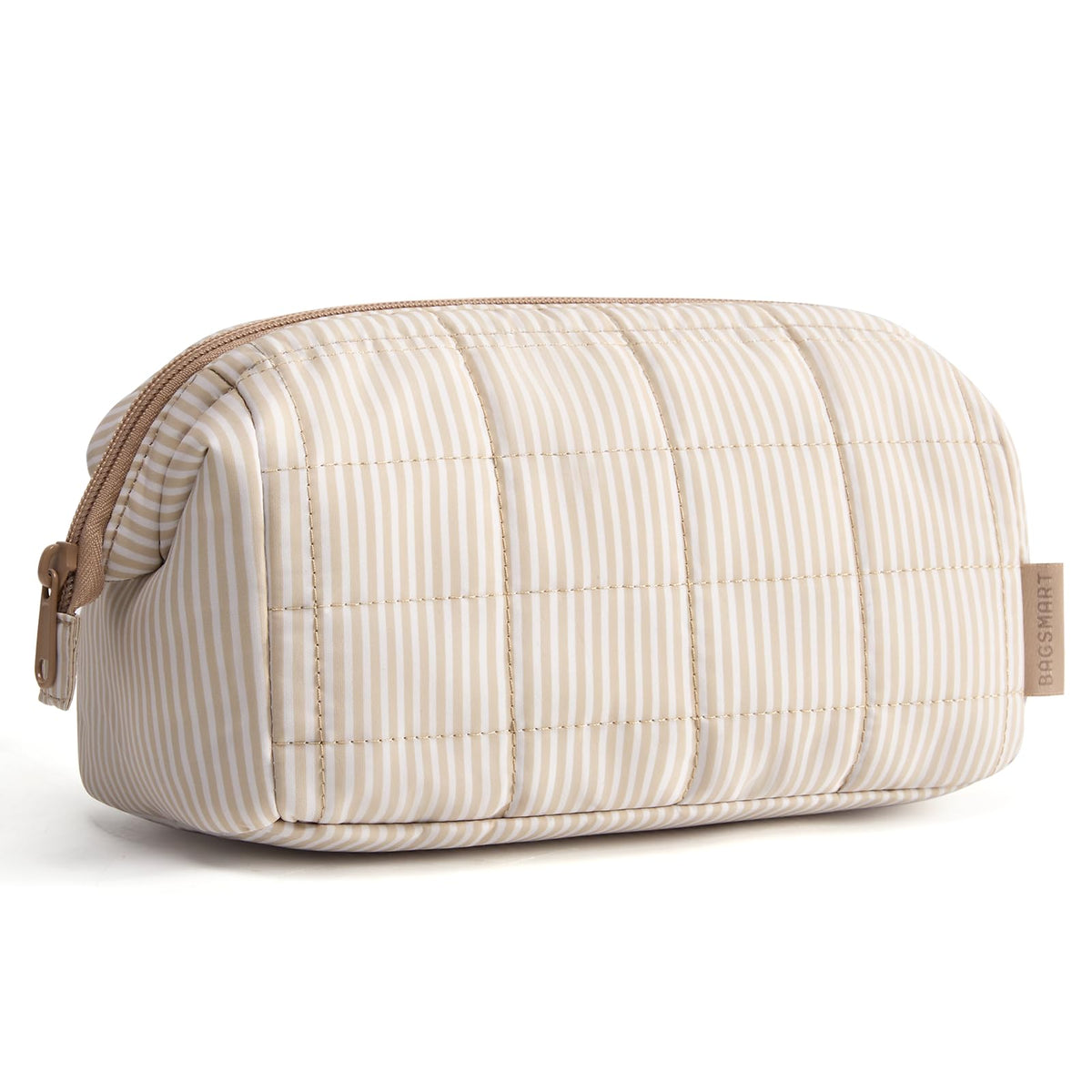 BAGSMART Makeup Bag front view in Strip Khaki Brown