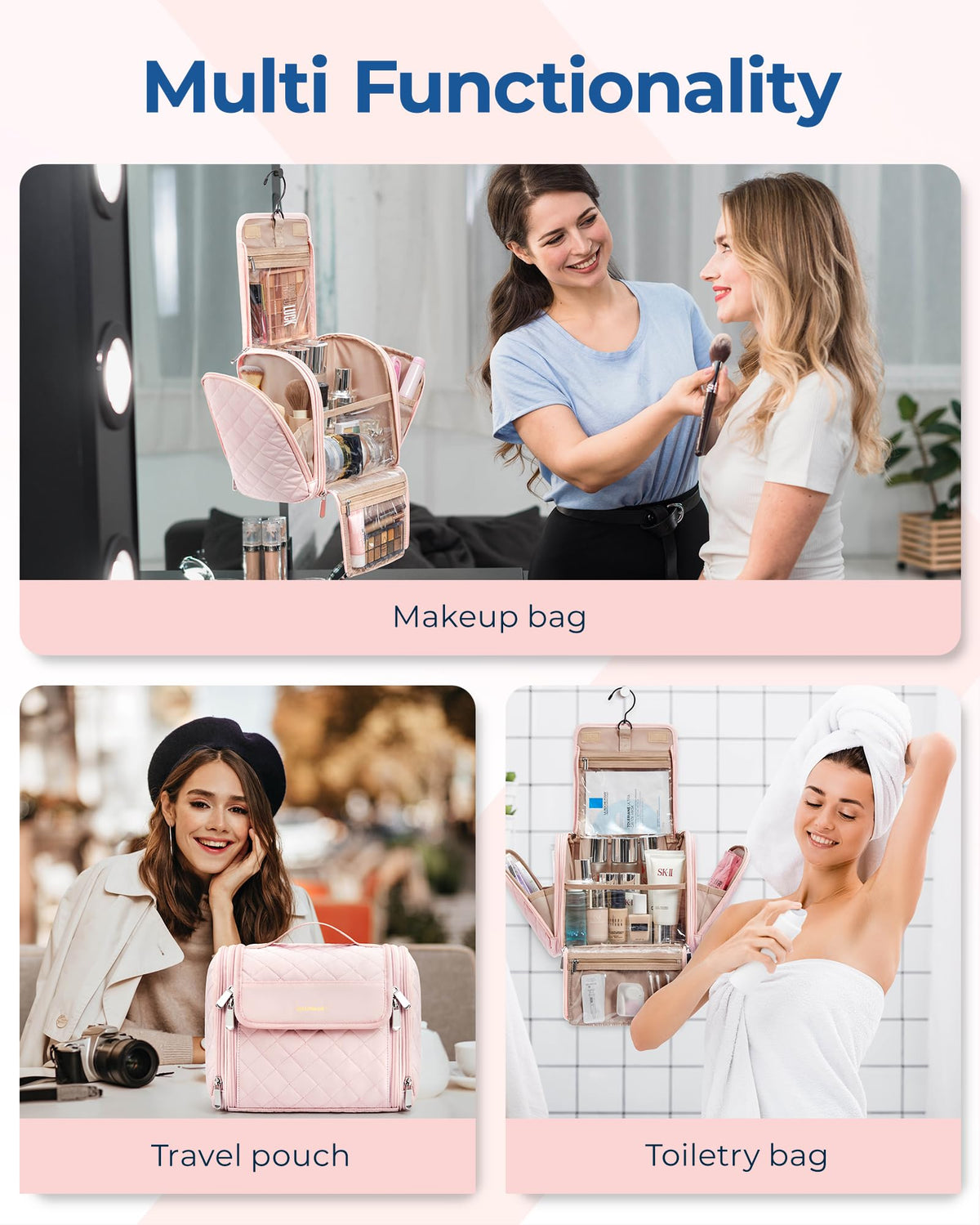 BAGSMART Makeup Bag hanging from a hook in a bathroom