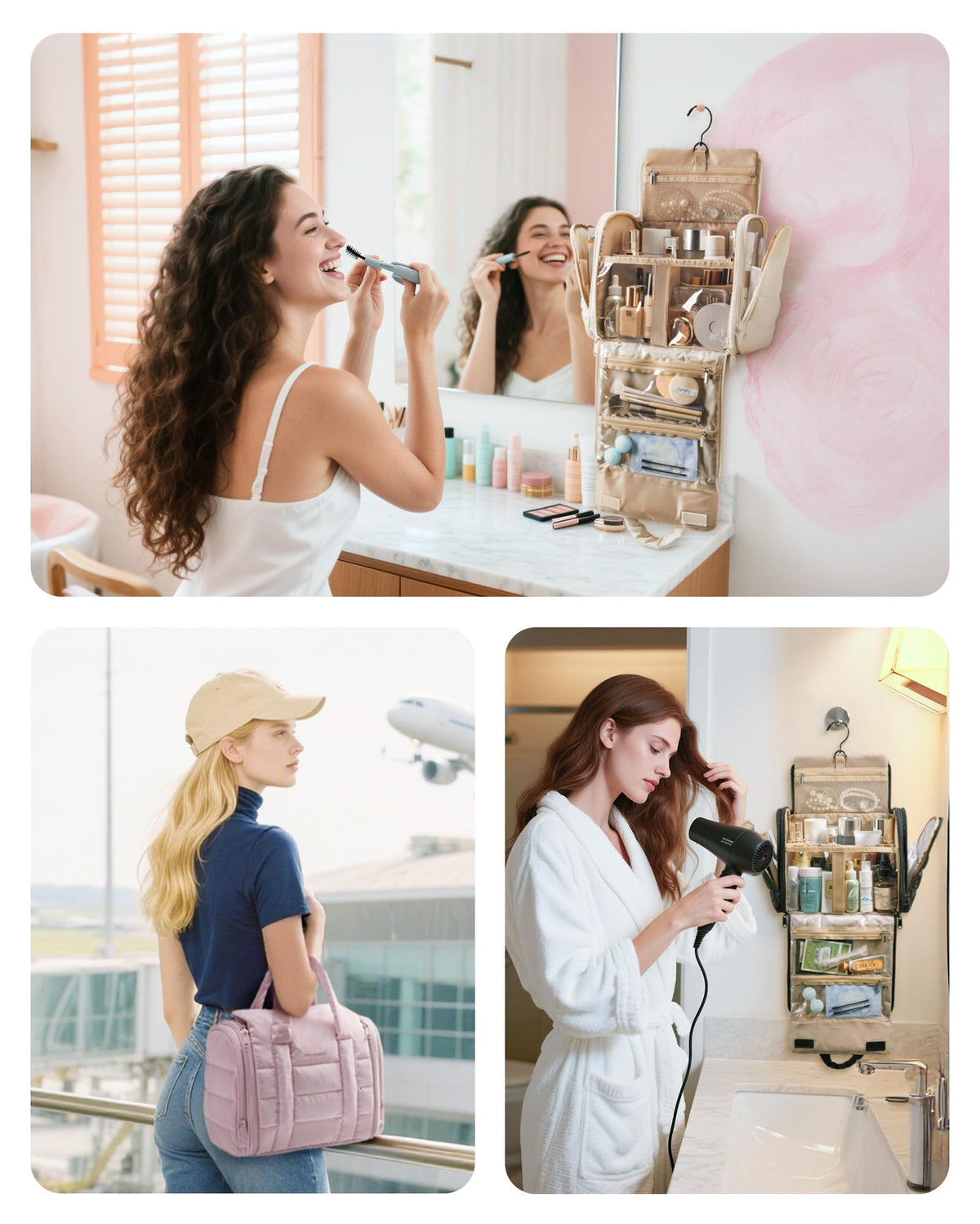 BAGSMART Makeup Bag hanging on a towel rack