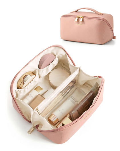 BAGSMART Makeup Bag in nude pink front view with compartments