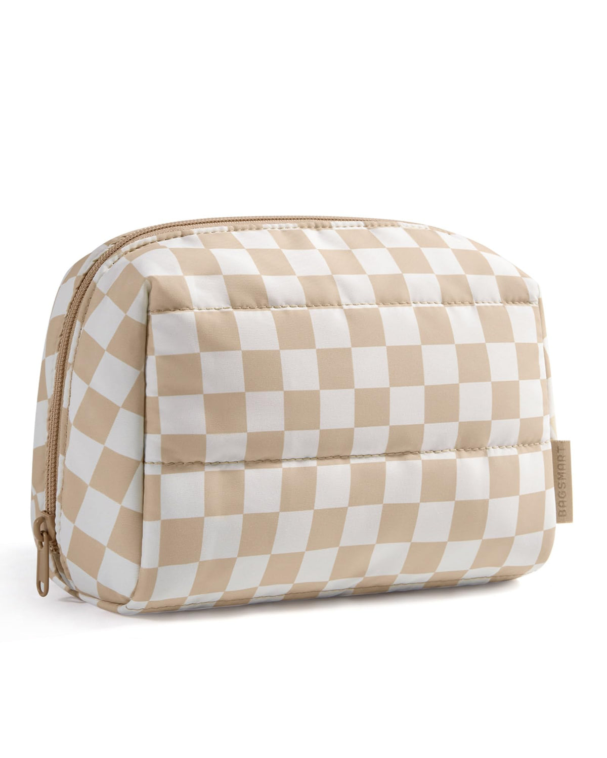 BAGSMART Makeup Bag Khaki Checkered front view