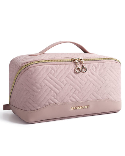 BAGSMART Makeup Bag pink front view with wide-open design