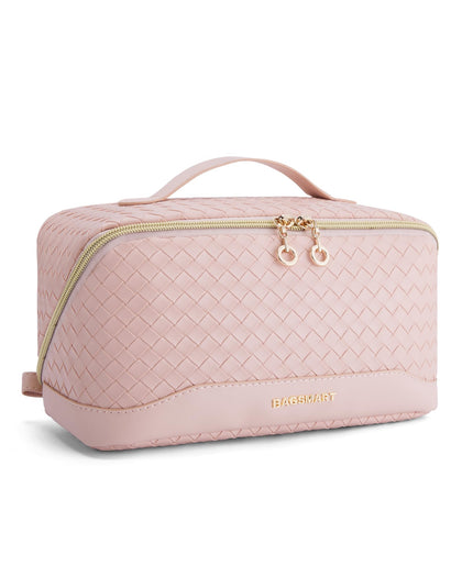 BAGSMART Makeup Bag pink model front view with open zipper