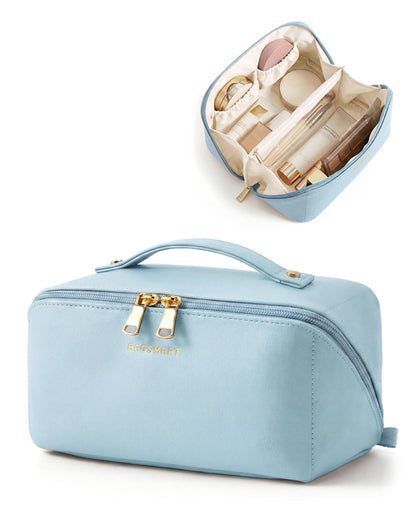 BAGSMART Makeup Bag Sky Blue front view with full-size cosmetics