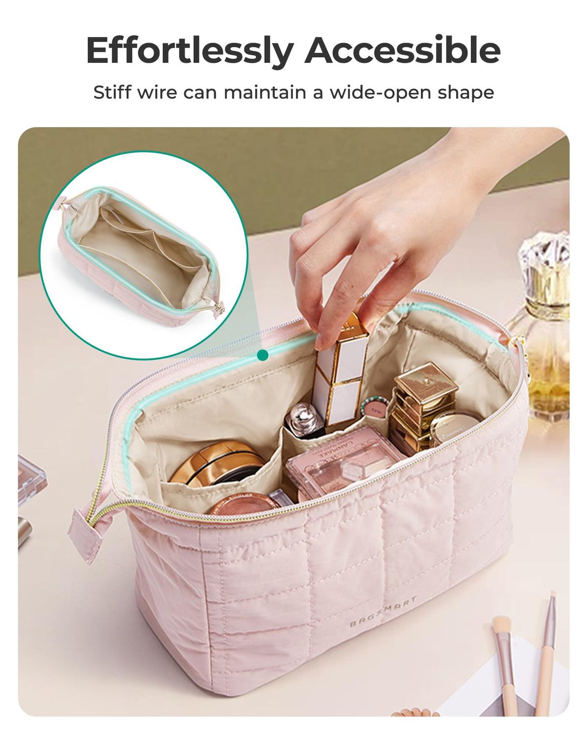 BAGSMART Makeup Bag with PVC-lined pocket for brushes