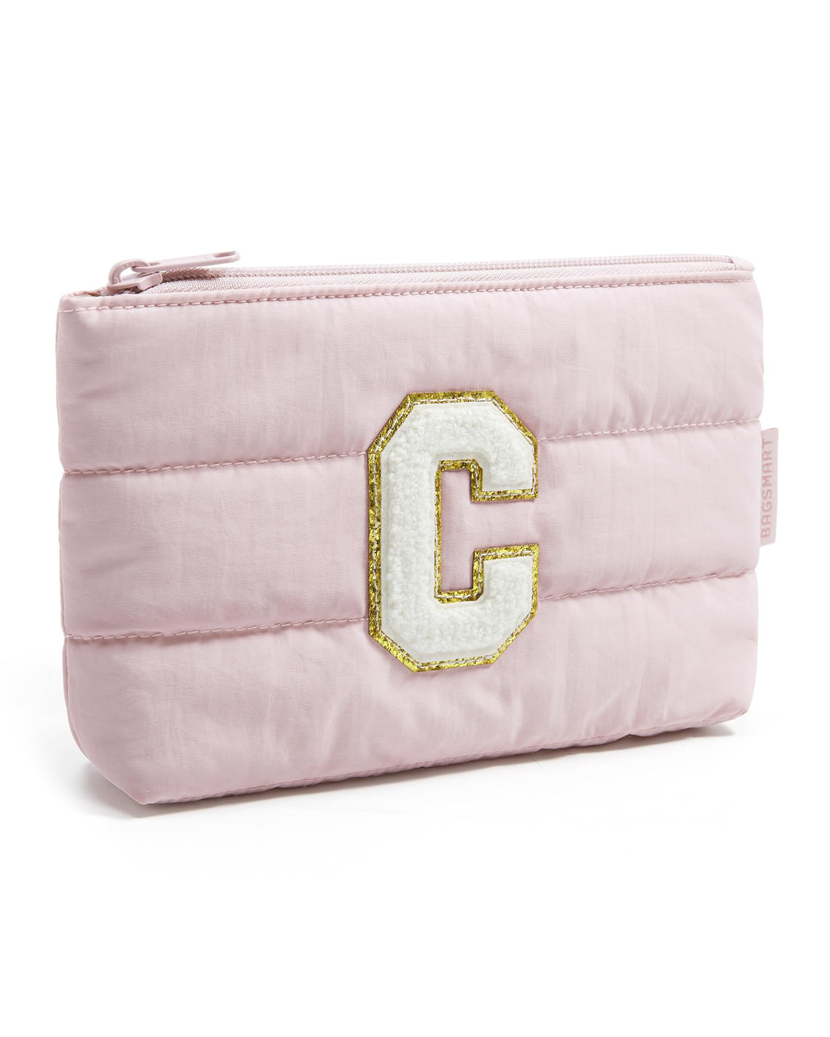 BAGSMART Personalized Makeup Bag front view with chenille letter