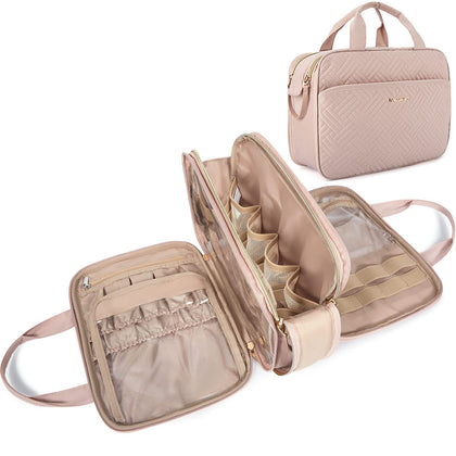 BAGSMART Pink Toiletry Bag front view with compartments