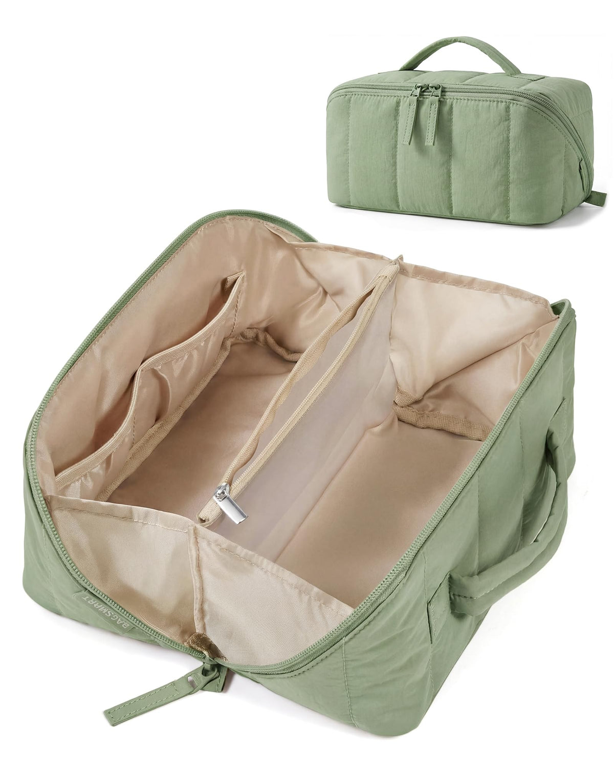 BAGSMART Puffy Travel Makeup Bag front view in Sage Green