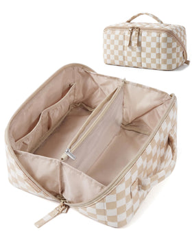 BAGSMART Puffy Travel Makeup Bag in Checkred Khaki front view