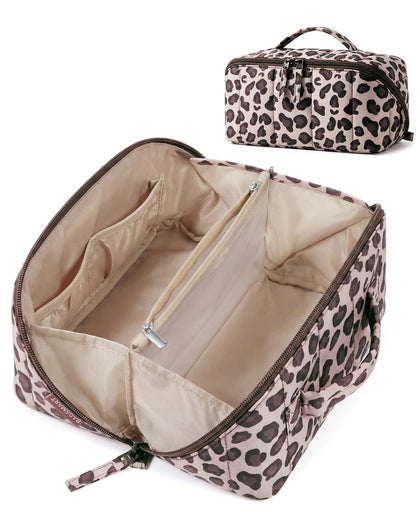 BAGSMART Puffy Travel Makeup Bag in Leopard front view