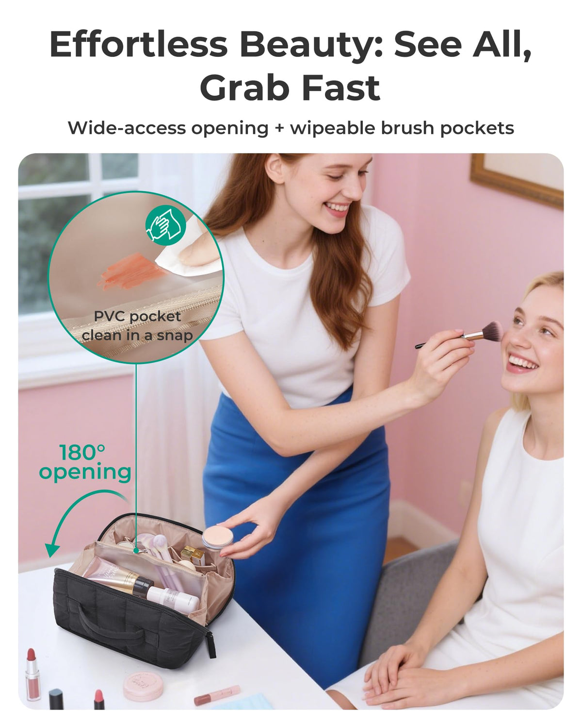 BAGSMART Puffy Travel Makeup Bag open showing compartments