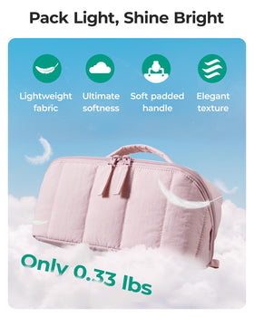 BAGSMART Puffy Travel Makeup Bag showcasing tiny essentials pockets