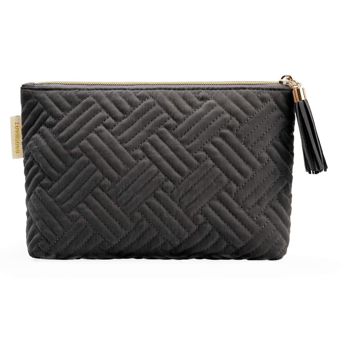 BAGSMART Small Makeup Bag front view in black with tassel