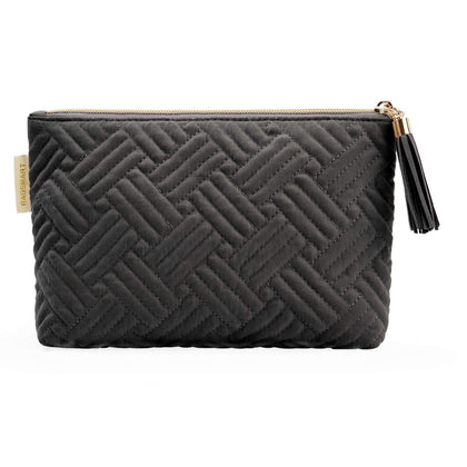 BAGSMART Small Makeup Bag front view in black with tassel