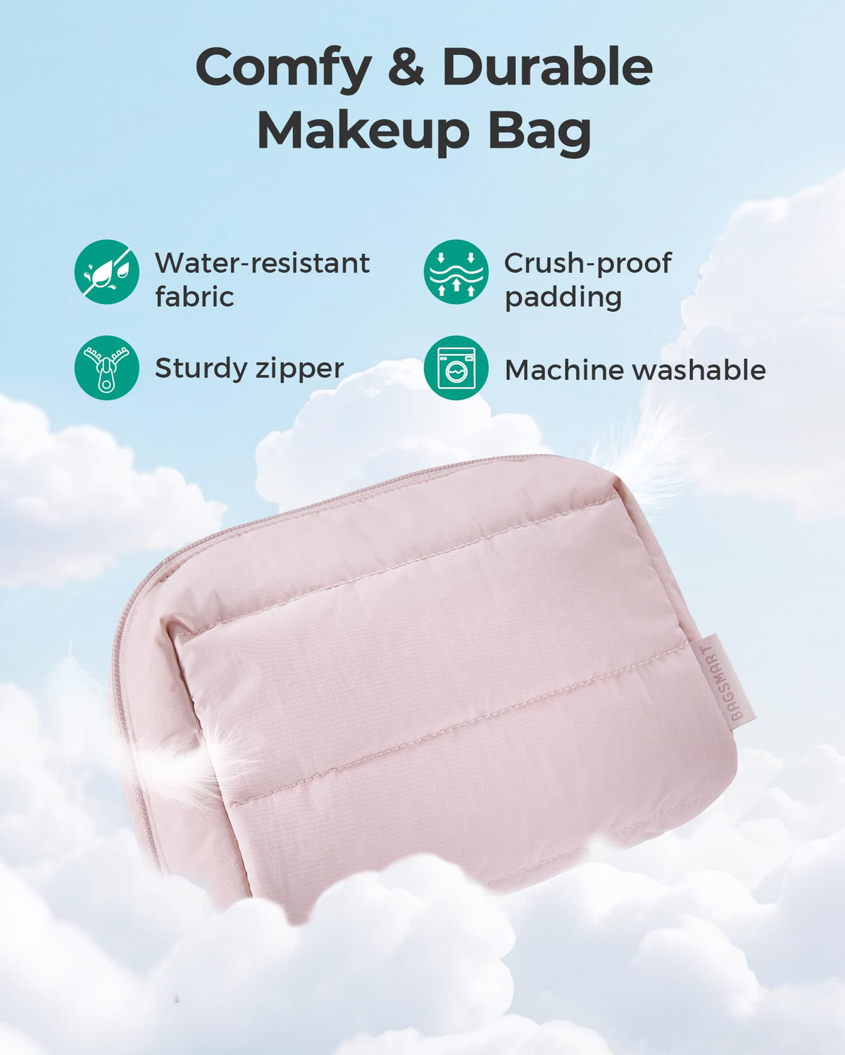 BAGSMART Small Makeup Bag Lavender in a backpack