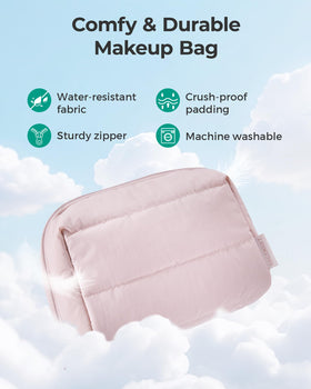 BAGSMART Small Makeup Bag Lavender in a backpack
