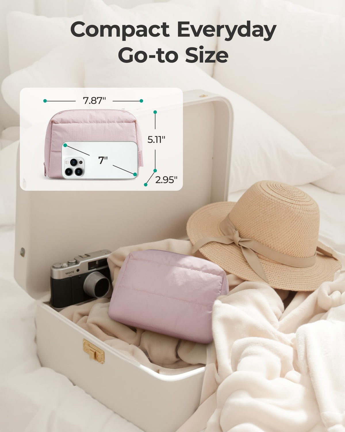 BAGSMART Small Makeup Bag Lavender with cosmetics inside