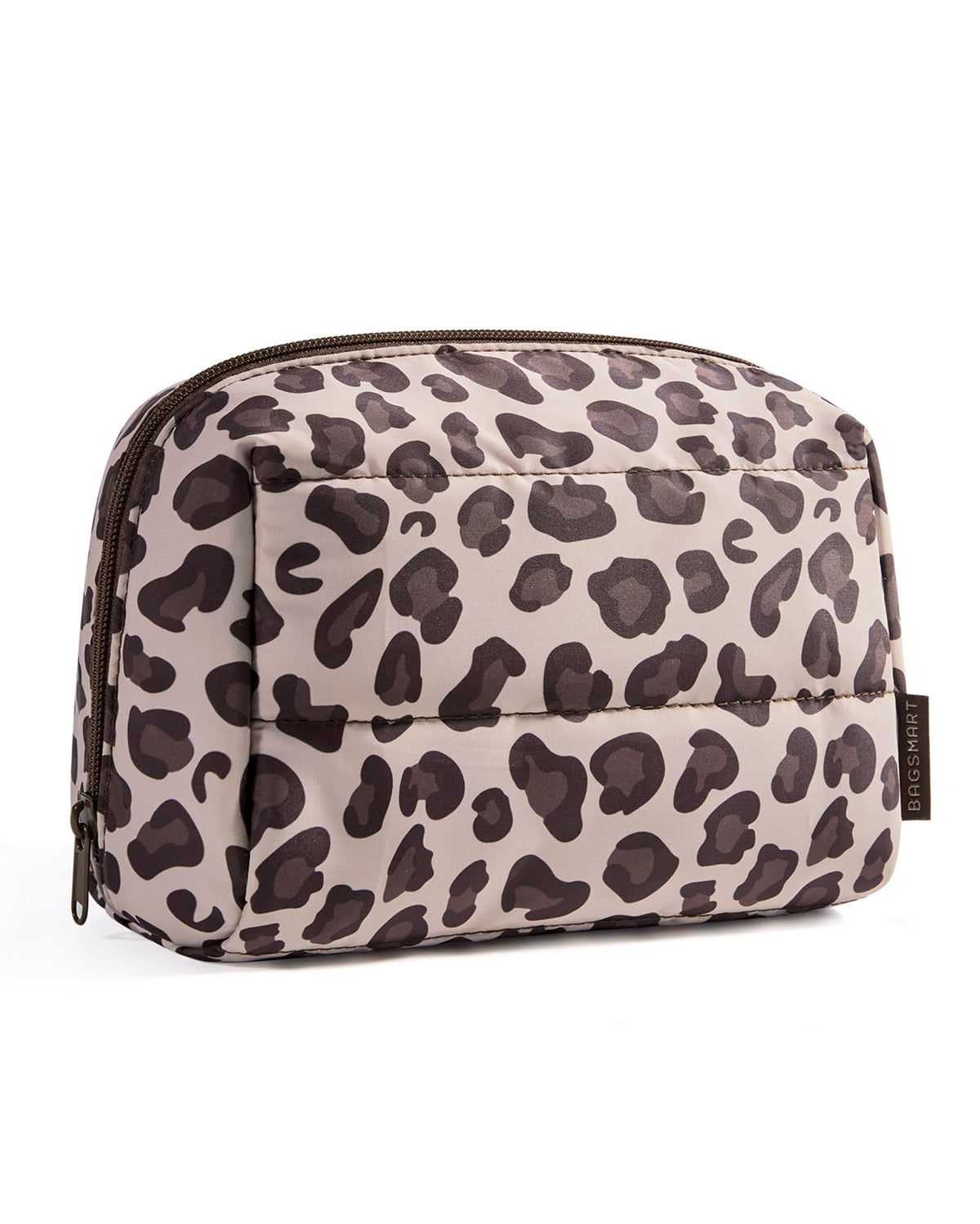 BAGSMART Small Makeup Bag Leopard front view with wide opening
