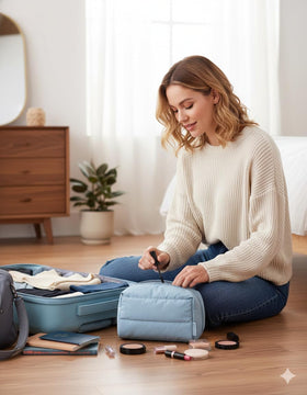 BAGSMART Small Makeup Bag wide-open with cosmetics inside