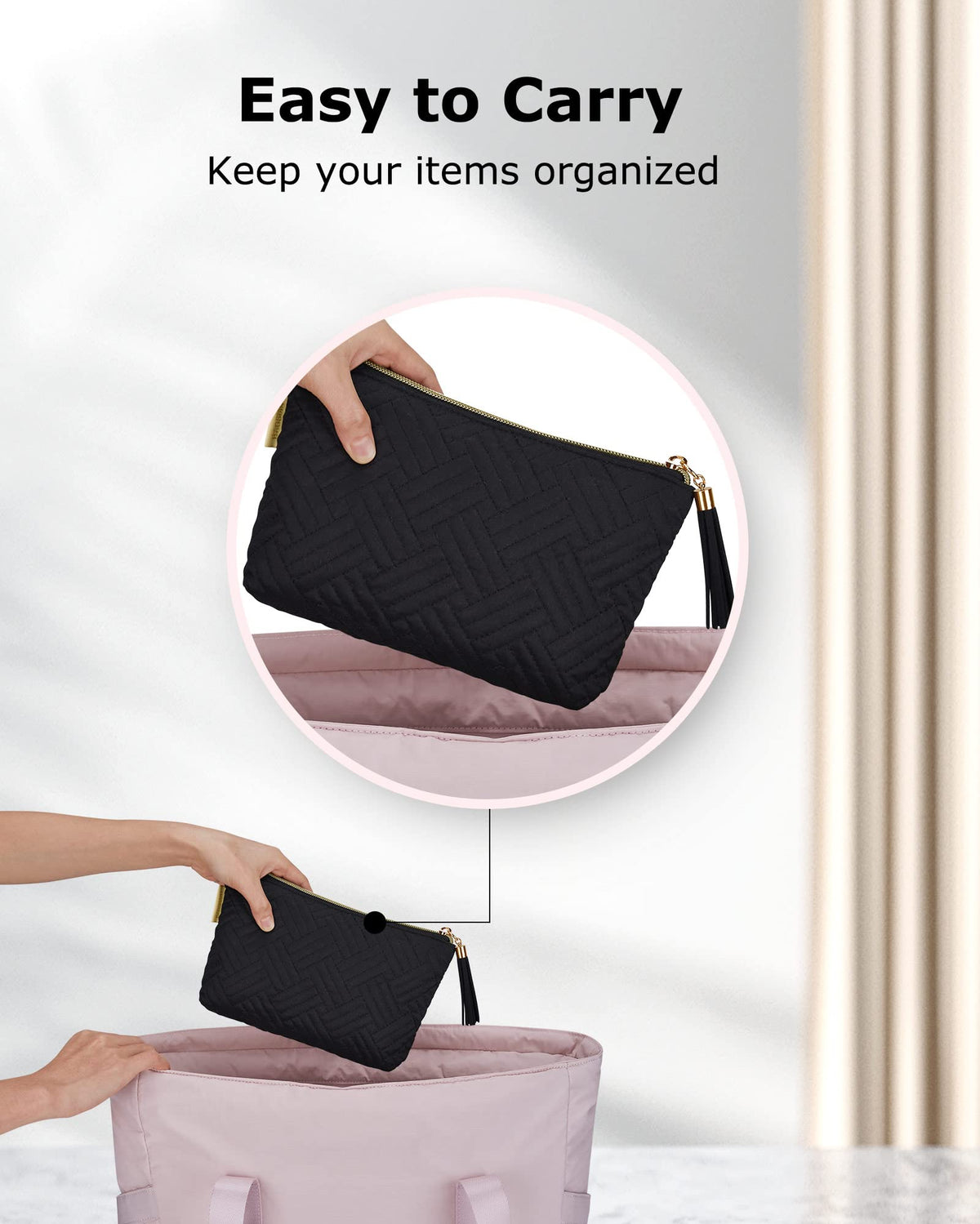 BAGSMART Small Makeup Bag with tassel zipper pull close-up