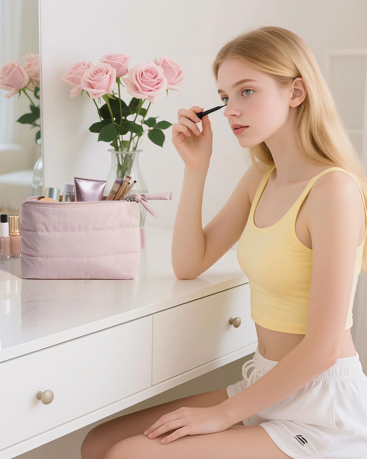 BAGSMART Small Makeup Bag with various cosmetics inside