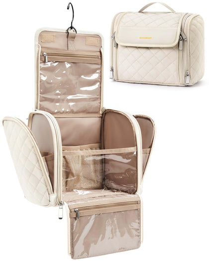 BAGSMART Toiletry Bag beige model front view with hanging hook