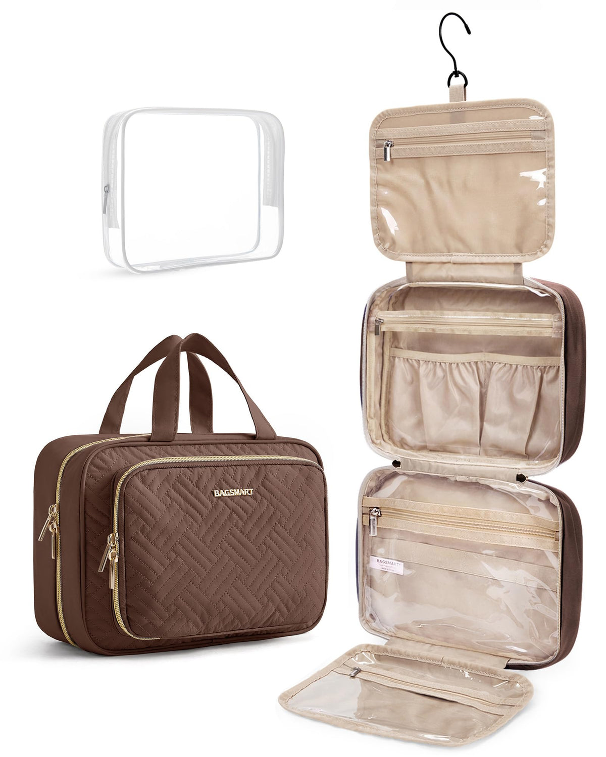 BAGSMART Toiletry Bag front view in coffee brown