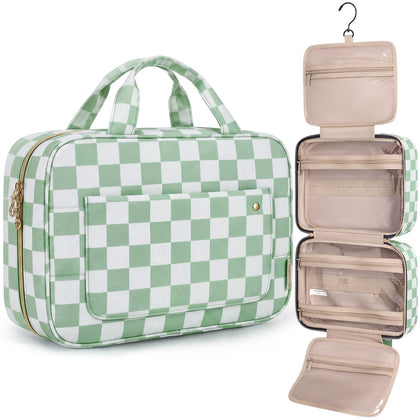 BAGSMART Toiletry Bag front view in green checkerboard