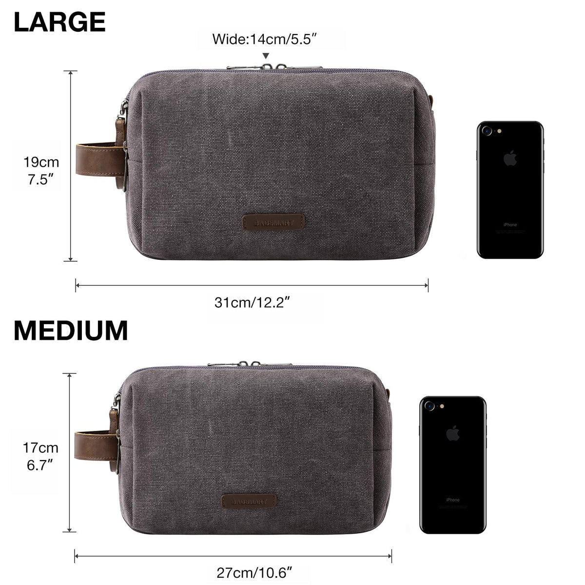 BAGSMART Toiletry Bag grey model on a travel backdrop
