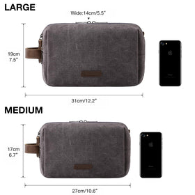 BAGSMART Toiletry Bag grey model on a travel backdrop