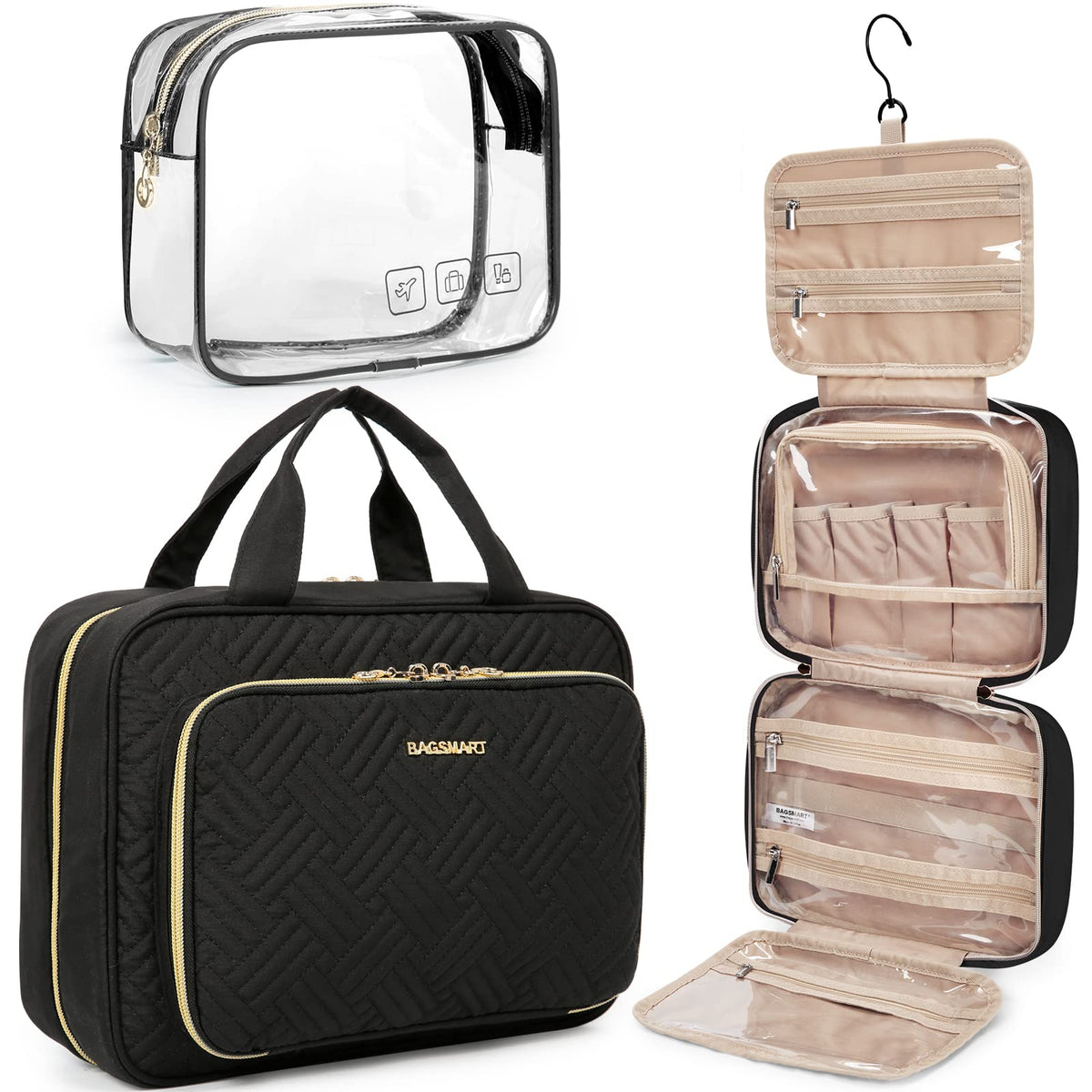 BAGSMART Toiletry Bag hanging with full-sized toiletries inside