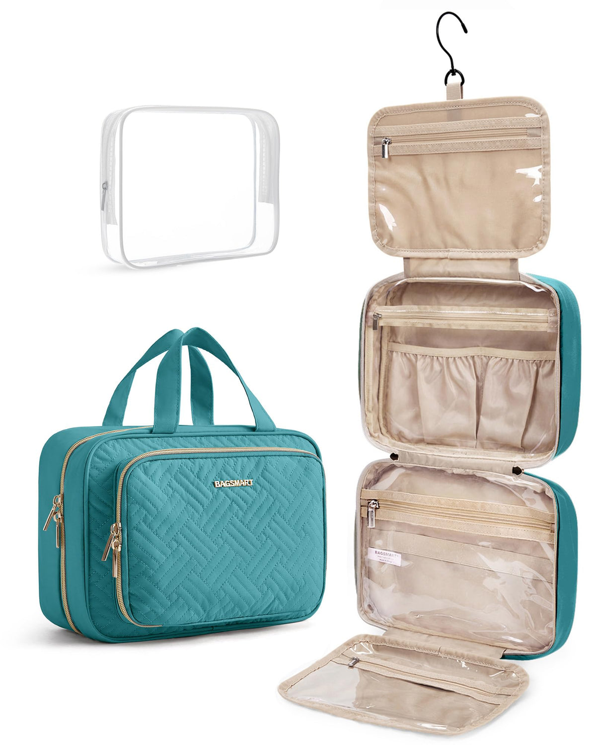 BAGSMART Toiletry Bag hanging with various toiletries inside