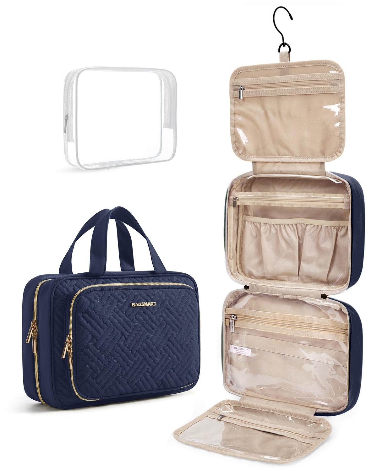 BAGSMART Toiletry Bag in navy, front view with compartments open