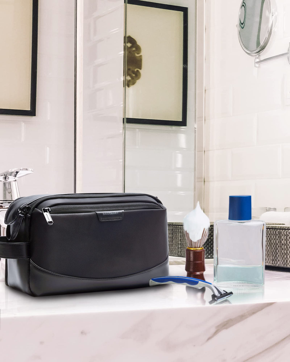BAGSMART Toiletry Bag side view with PU leather finish