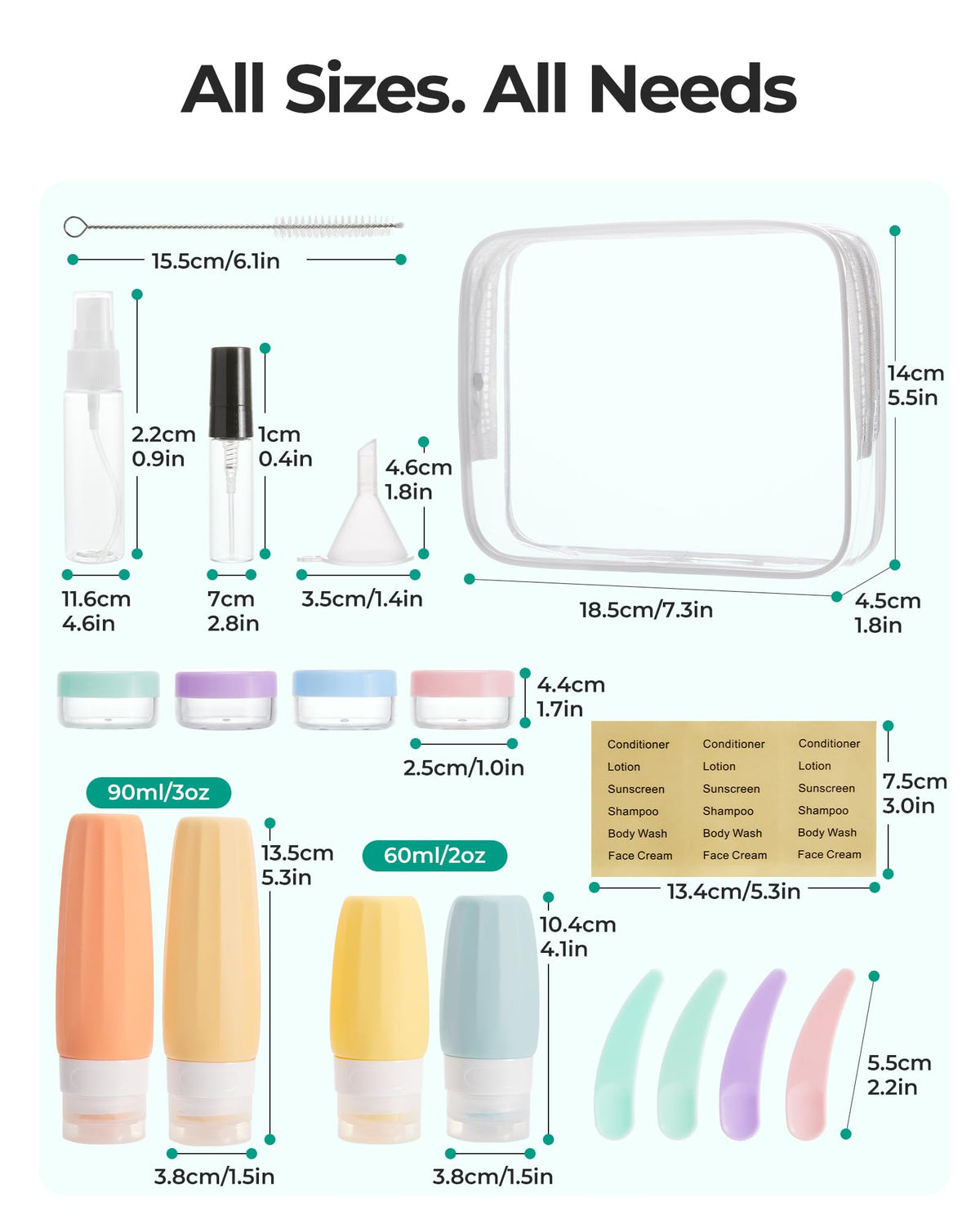 BAGSMART travel bottle set with cleaning brush and spoons