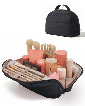 BAGSMART Travel Makeup Bag front view with wide fold-down design