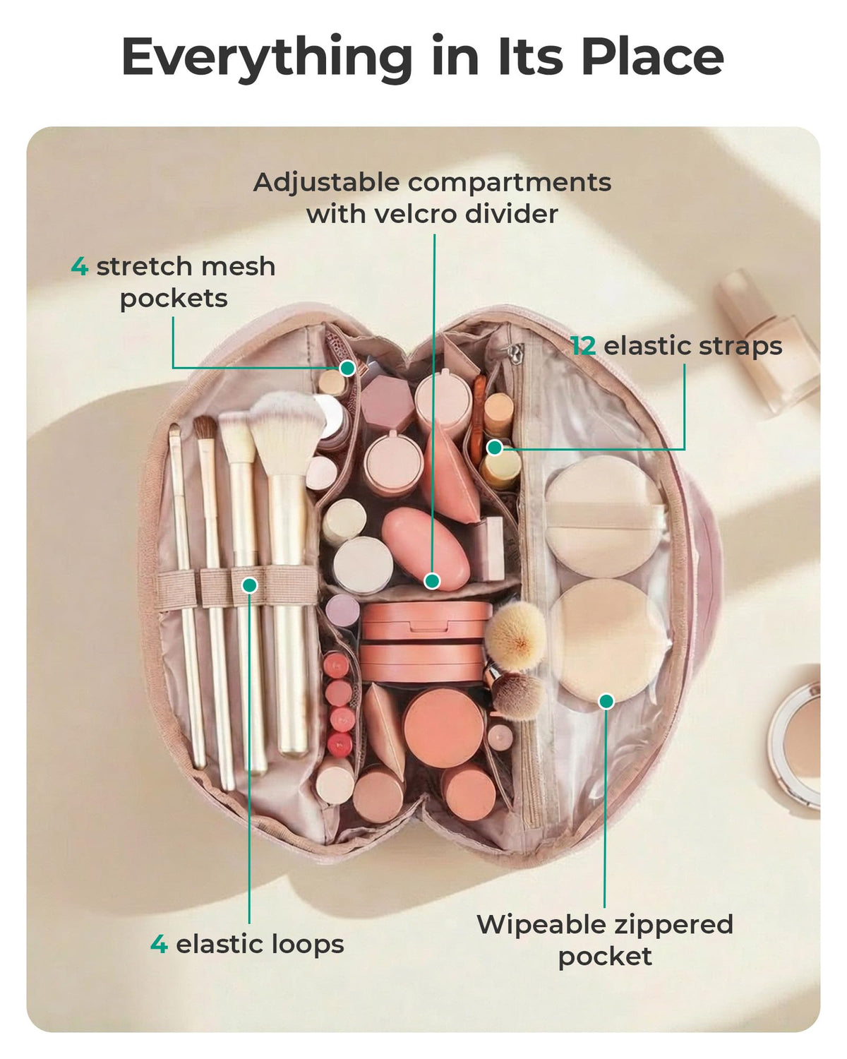 BAGSMART Travel Makeup Bag with removable divider in use
