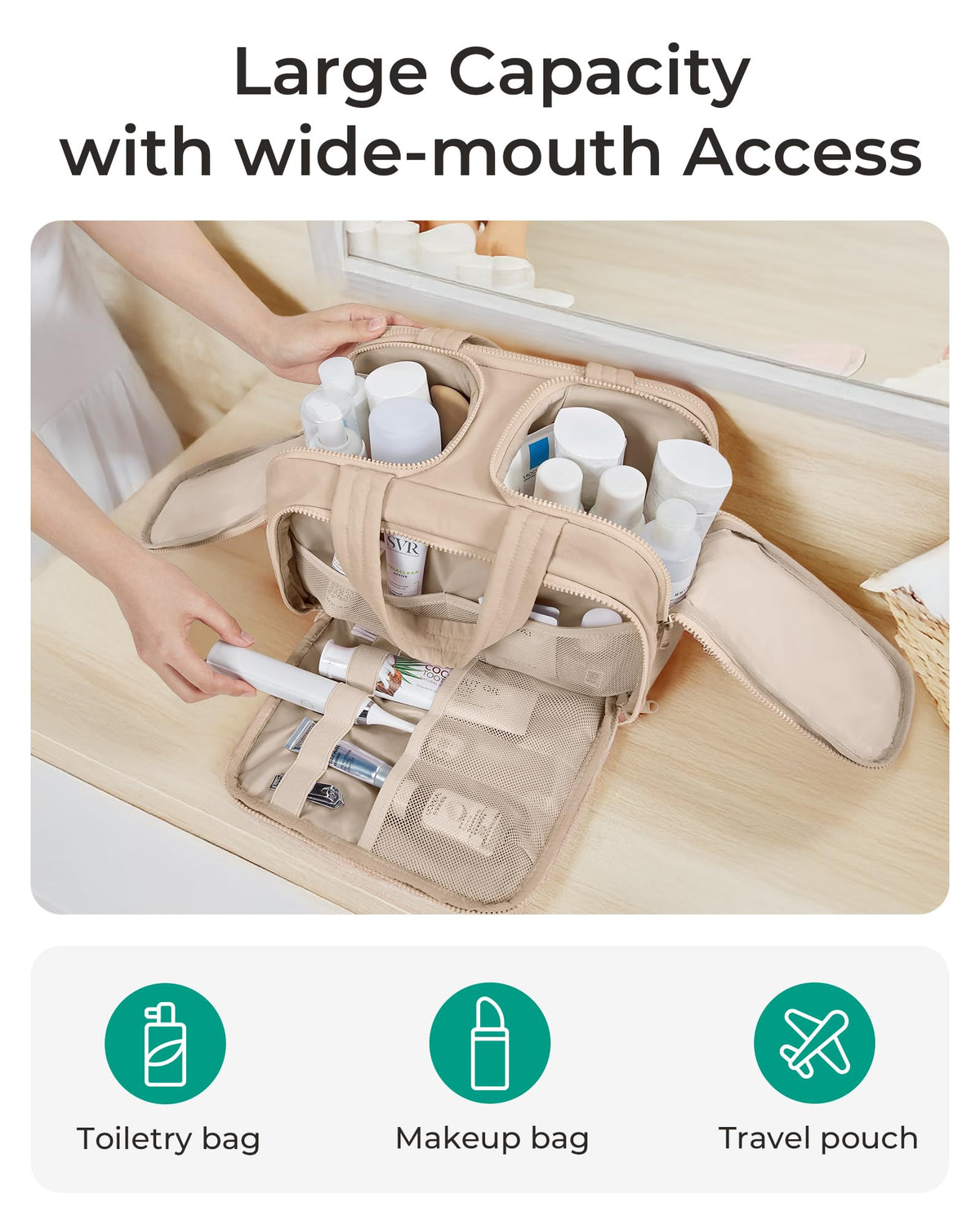 BAGSMART Travel Toiletry Bag in Khaki with zipper detail