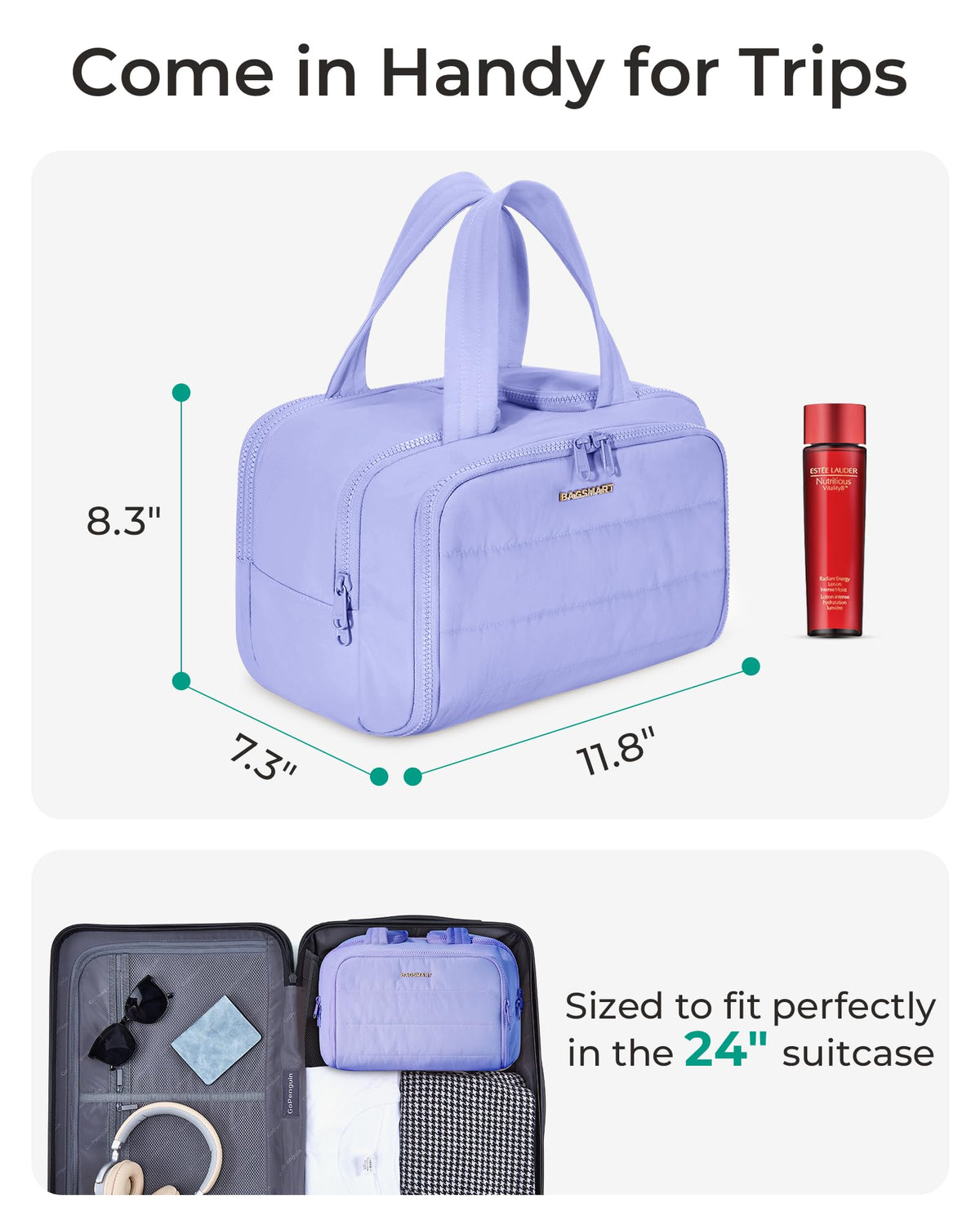 BAGSMART Travel Toiletry Bag upright on a bathroom counter