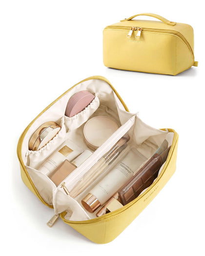 BAGSMART Yellow Makeup Bag front view with compartments