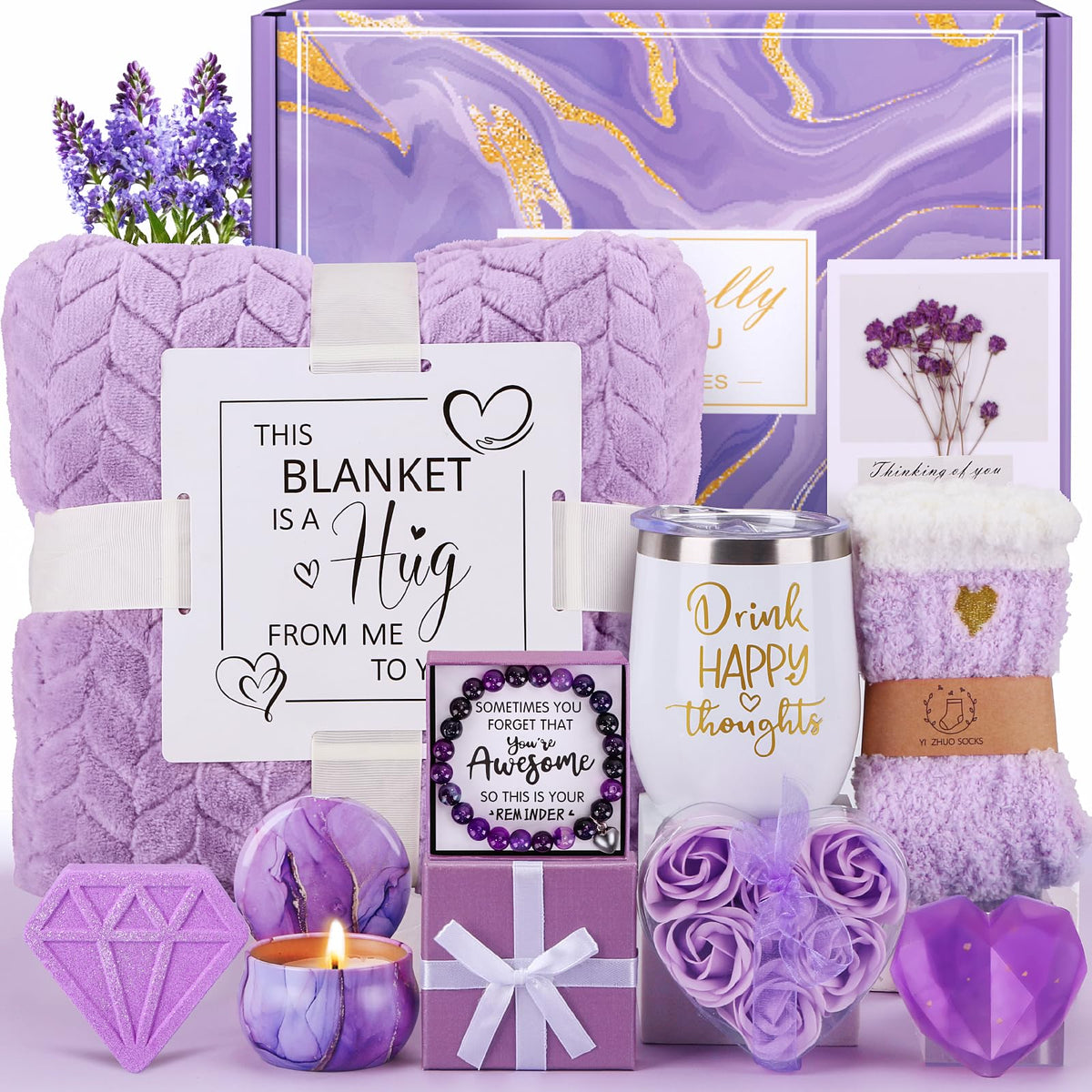 BaiCai Spa Gift Basket with luxurious items including a blanket and tumbler