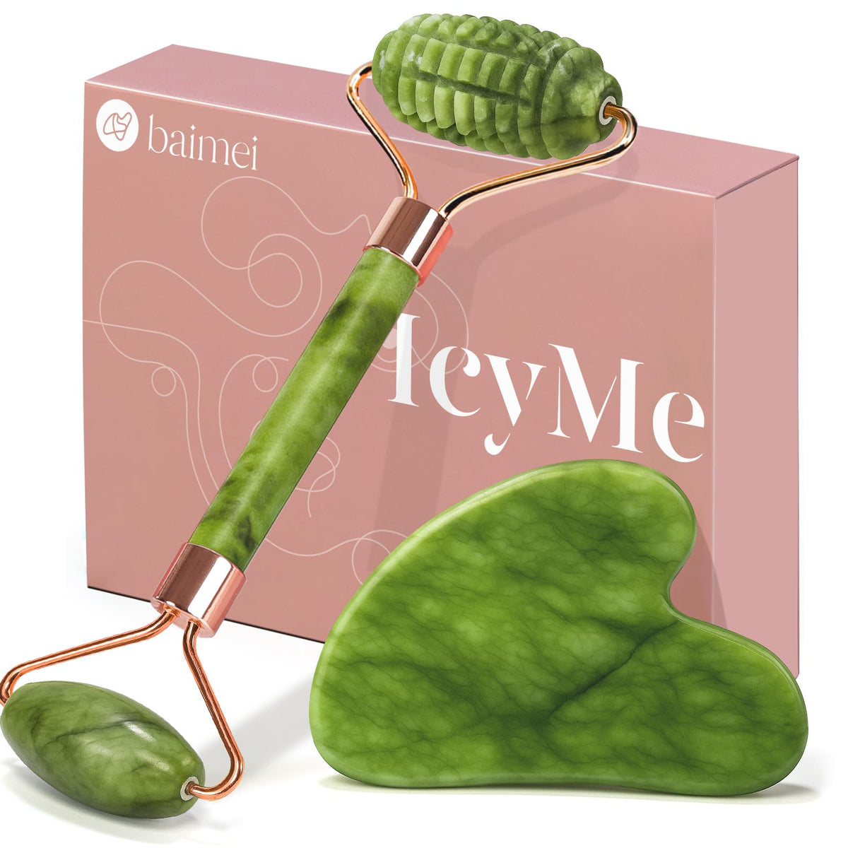 BAIMEI Gua Sha & Jade Face Roller Set with ridge design