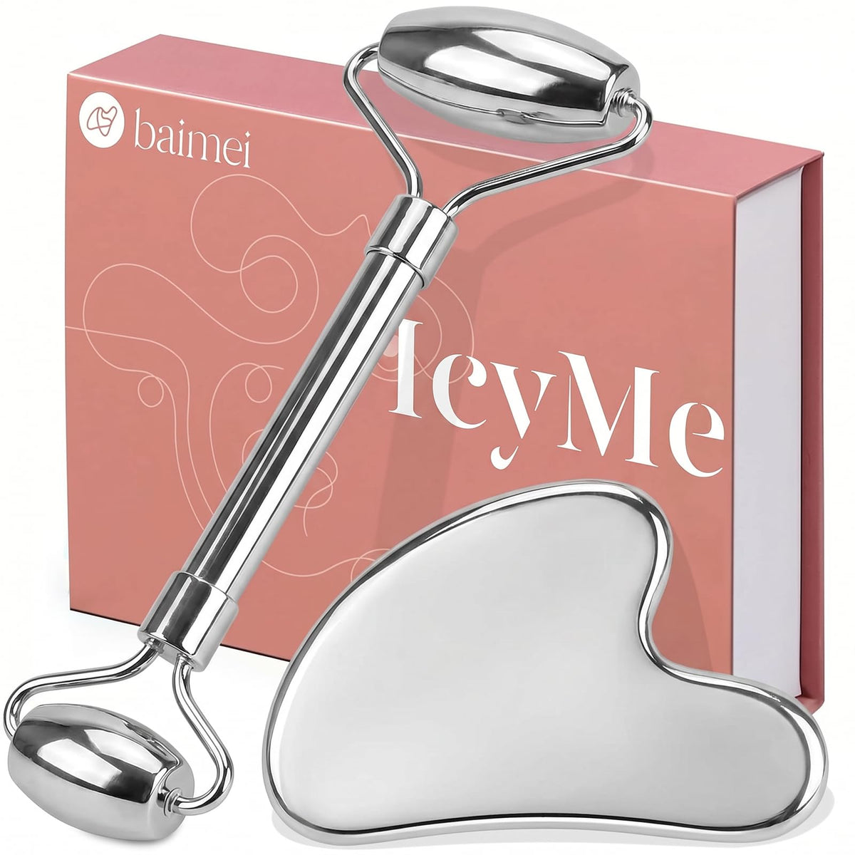 BAIMEI IcyMe Stainless Steel Gua Sha Tool and Face Roller Set front view