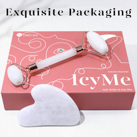 BAIMEI Jade Roller and Gua Sha set displayed on a marble surface