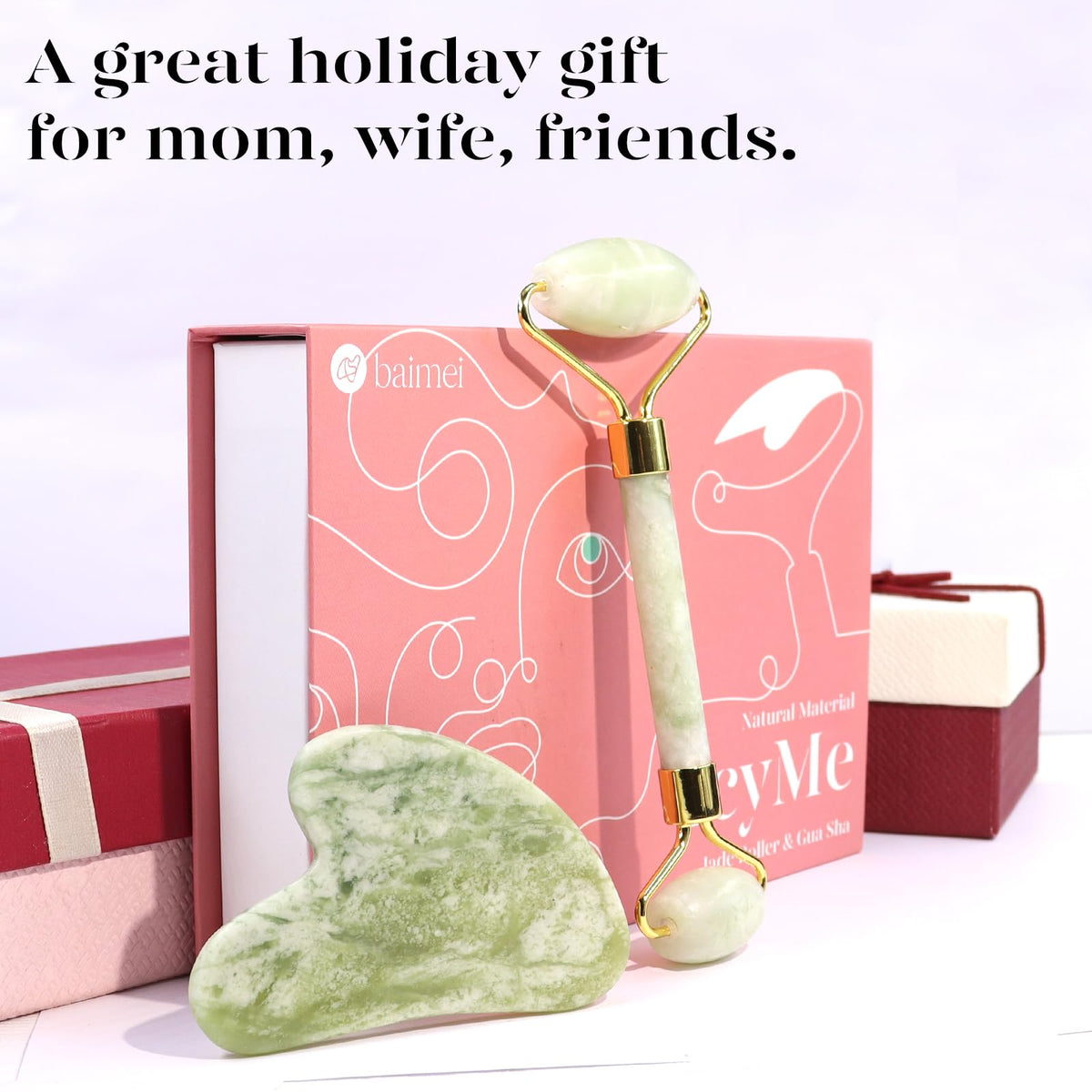 BAIMEI Jade Roller and Gua Sha set on a vanity table
