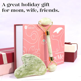 BAIMEI Jade Roller and Gua Sha set on a vanity table