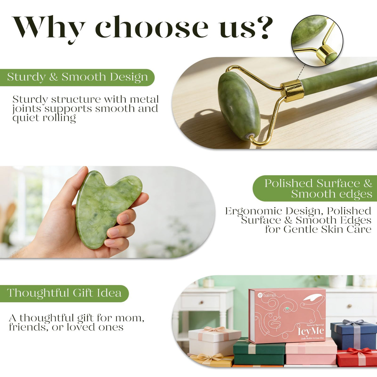 BAIMEI jade roller and Gua Sha tool on a marble surface