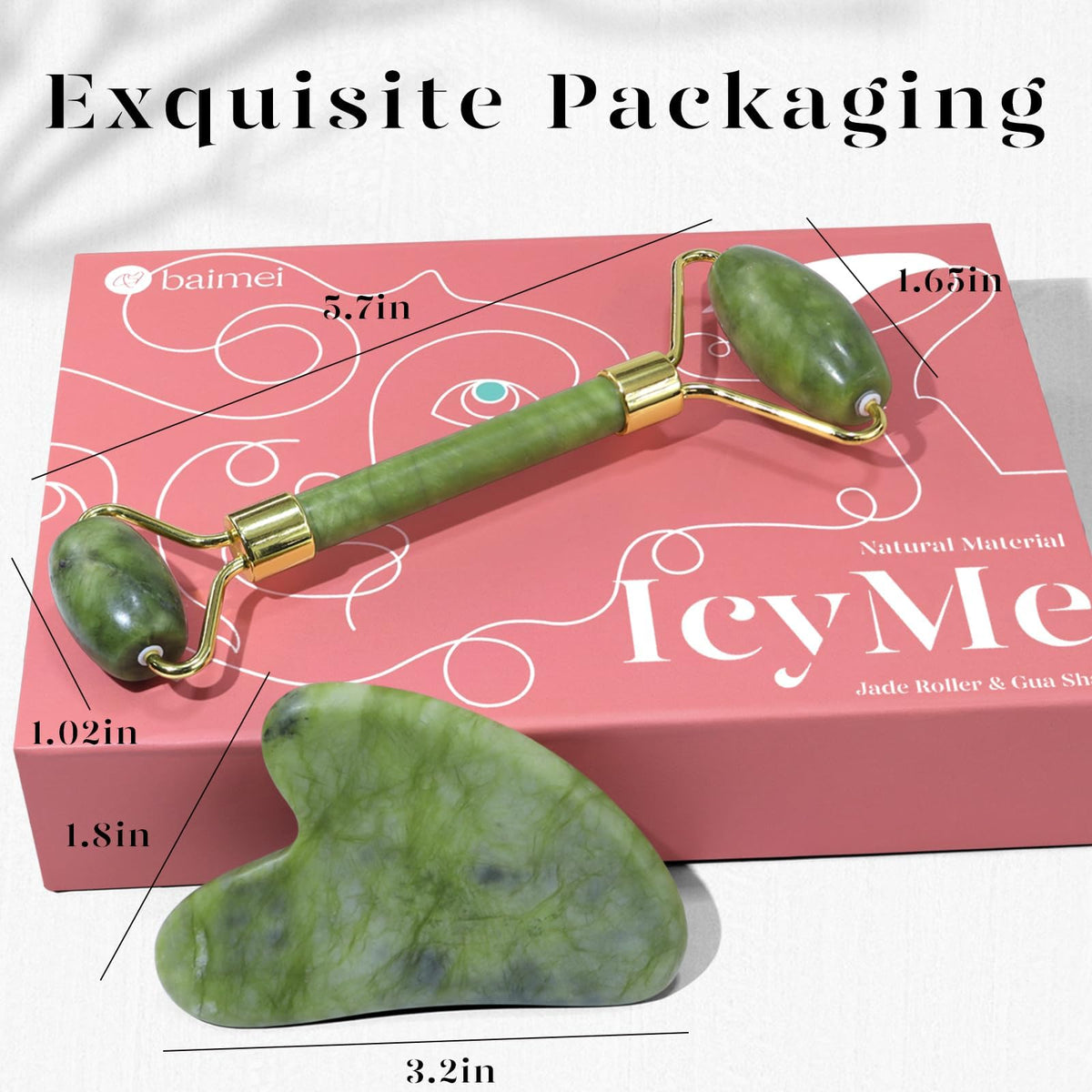 BAIMEI jade roller and Gua Sha tool with skincare products