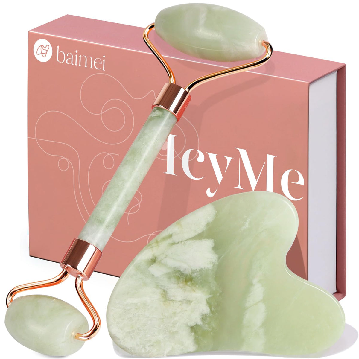 BAIMEI Jade Roller front view with smooth jade surface